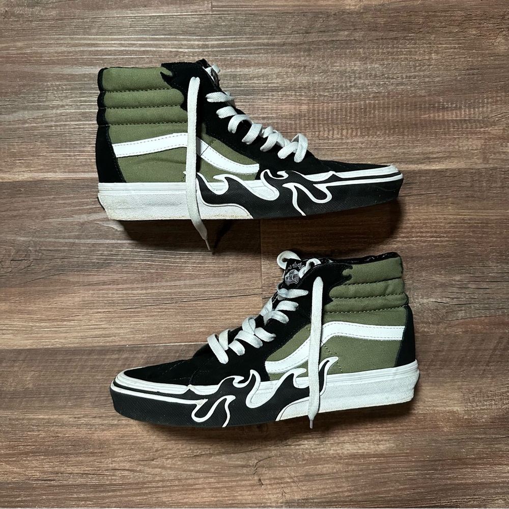 Vans Black White Army Green High-Top Sneakers Like New Flame Design